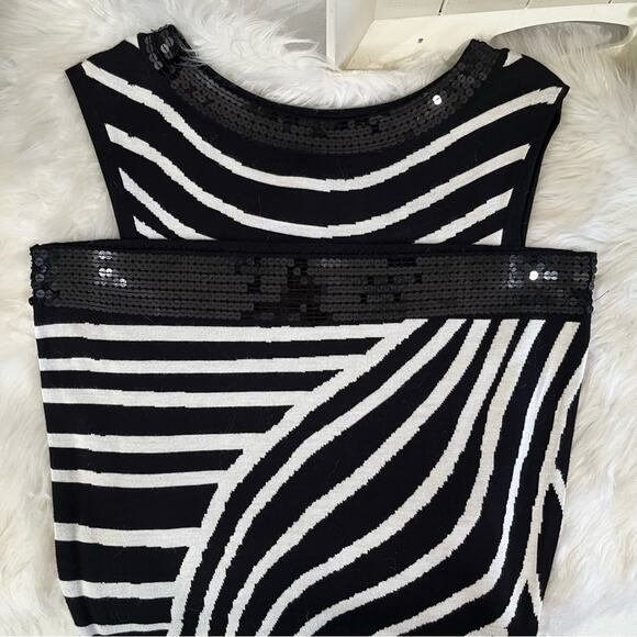 NEW INC Stripe Colorblock Iridescent Sequins Two Tone Bateau Knit Midi Dress NWT - Picture 9 of 16